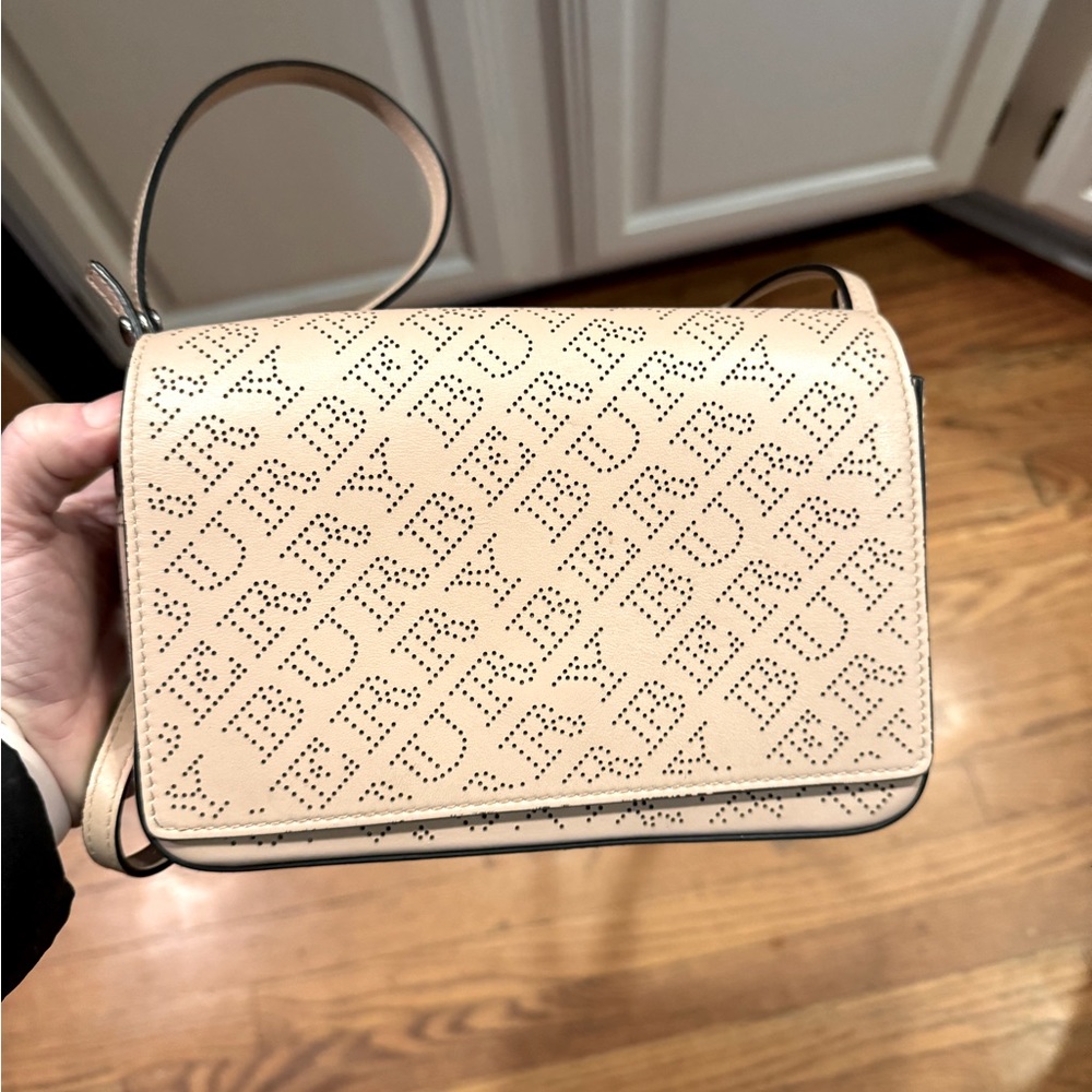 Burberry Calfskin Perforated Hampshire Crossbody Pale Fawn Pink.